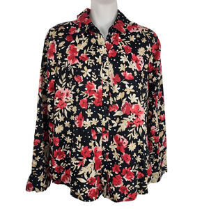 Foxcroft Womens Black Floral Wrinkle Free Long Sleeve Button Shirt Size 6 Shaped